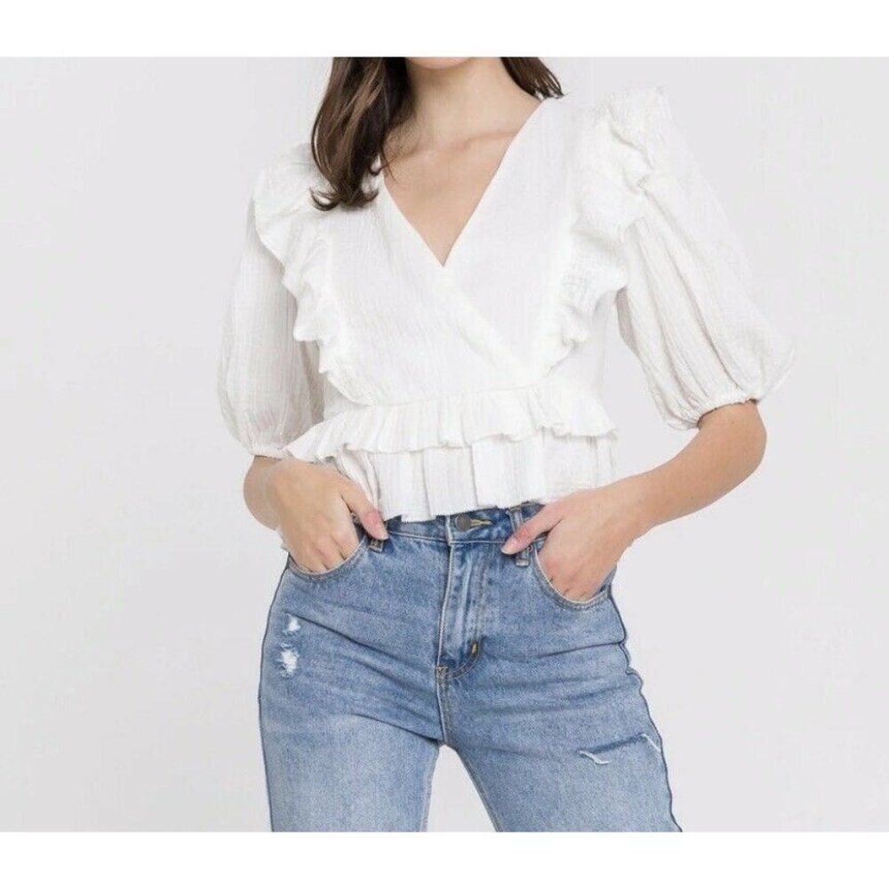 English Factory White Ruffled Gauze Top Mock Wrap